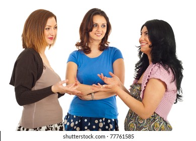 Happy Group Of Three Women Having Conversation And Smiling Isolated On White Background