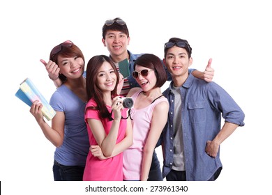 Happy Group Travel People Hold Camera, Passport And Map. Isolated On White Background, Asian