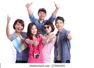 Happy Group Travel People Hold Camera, Passport And Map. Isolated On White Background, Asian