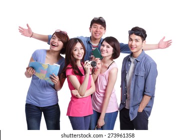 Happy Group Travel People Hold Camera, Passport And Map. Isolated On White Background, Asian