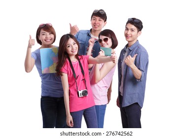 Happy Group Travel People Hold Camera, Passport And Map. Isolated On White Background, Asian