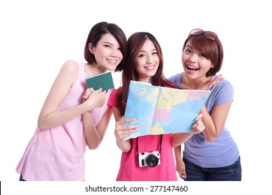 Happy Group Travel Women Hold Camera, Passport And Map. Isolated On White Background, Asian