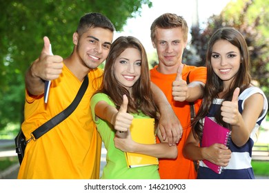 Happy group of young students standing in park - Shutterstock ID 146210903