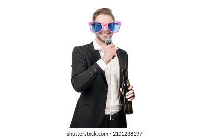 Happy Guy Conferencier Give Toast With Wine To Microphone, Toastmaster