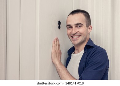 Happy Guy Next To Front Door, Portrait, Close Up, Toned