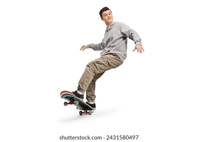 Happy guy riding a skateboard isolated on white background     - Powered by Shutterstock