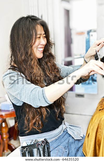 Happy Hairdresser Cutting Hair Her Salon Stock Photo Edit Now