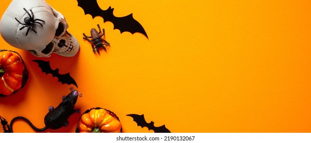 Happy Halloween Banner Template With Copy Space, Header Mockup. Skull, Bats, Pumpkins, Spiders On Orange Background