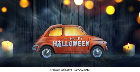 Happy Halloween Car Against Night Scary Room Background