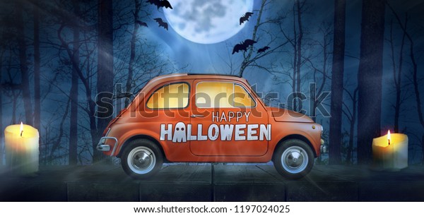 Happy Halloween car against night scary autumn\
forest background