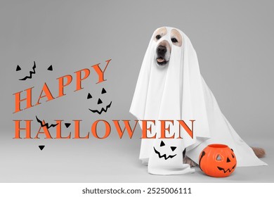 Happy Halloween card with dog in ghost costume on grey background - Powered by Shutterstock