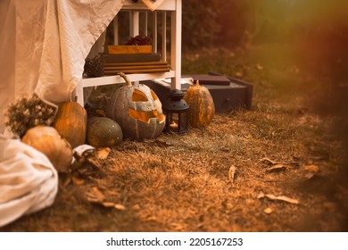 Happy Halloween Carving Pumpkin On The Table In The Garden. Happy Family Preparing For Halloween. Background Photo