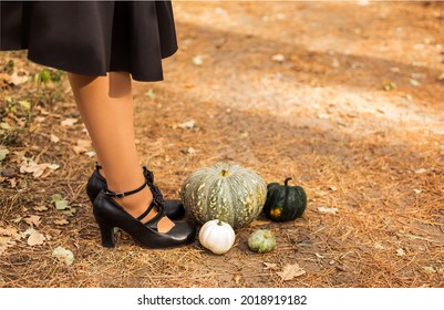 Happy Halloween! Cropped Photo Of Female Feet In Retro Leather Black Shoes With Bows, Standing On Drowning Path Of Dry Leaves And Grass Next To Multi-colored Pumpkins Outside In Autumn Sunny Day