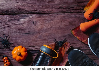 Happy Halloween day with Fitness, Exercise, Working out healthy lifestyle background concept. Flat lay Top view with copy space for your text.