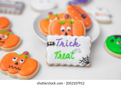 Happy Halloween with funny Cookies; Pumpkin, scary ghost, spooky mummy, bat, frankenstein, dracula and spider. Trick or Threat, Hello October, fall autumn, Traditional, party and holiday concept