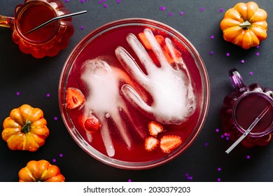 Happy Halloween Holiday Party Composition. Flat Lay Bloody Cocktail With Frozen Hands, Pumpkins. Flat Lay, Top View, Overhead