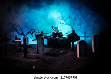 Happy Halloween Horror Party Concept. Scary View Of Dancing Zombies At Cemetery With Dj And Club Lights. Creative Artwork Decoration. Useful As A Party Poster Or Greeting Card. Selective Focus