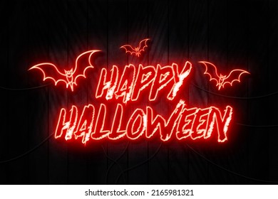 Happy Halloween Neon Sign on a Dark Wooden Wall - Shutterstock ID 2165981321