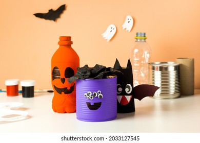 Happy Halloween party art  Handmade decoration cute monster  bat   pumpkin  Reuse concept  DIY for kids  Fall home activities 