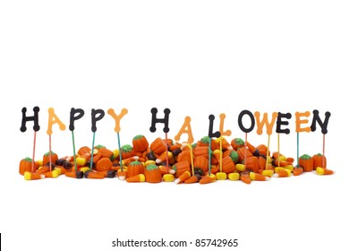 Happy Halloween Sign With Candy, Isolated On White, Copy Space