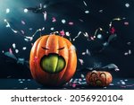 Happy Halloween. Two big and little pumpkins sings choir and celebrating. Dark background with lights, confetti and paper bats. Jack