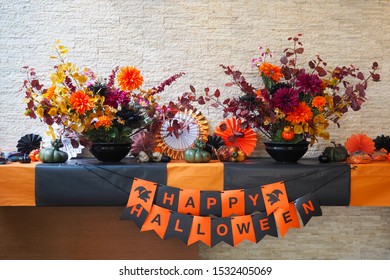 Happy Halloween Window Display With Dried Flower Vases