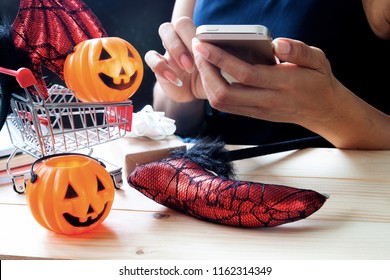 Happy Halloween, Woman Using Mobile Phone, Online Shopping