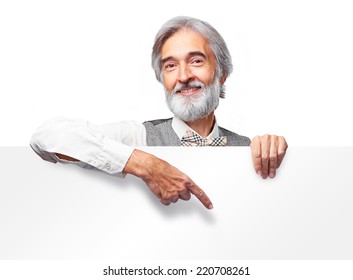 Happy Handsome Smiling Old Man Pointing Banner. Isolated Over White Background.