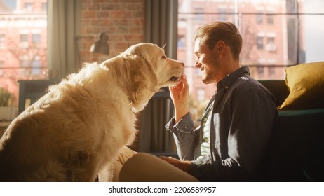 Happy Handsome Young Man Play With His Dog At Home, Gorgeous Golden Retriever. Attractive Man Sitting On A Floor Teasing, Petting And Scratching An Excited Dog, Have Fun In The Modern Apartment.