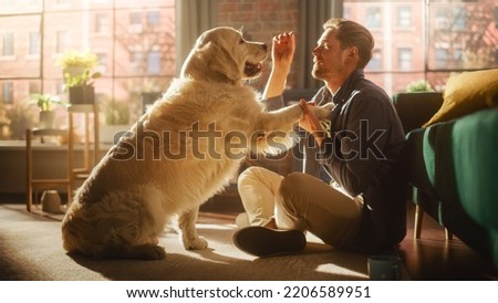 Happy Handsome Young Man Play with His Dog at Home, Gorgeous Golden Retriever. Attractive Man Sitting on a Floor Teasing, Petting and Scratching a Playful Dog, Have Fun in the Stylish Apartment.