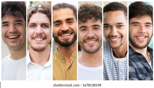 Happy handsome young men portrait set. Smiling Caucasian, black, mix raced guys multiple shot collage. Positive human emotions concept - Powered by Shutterstock