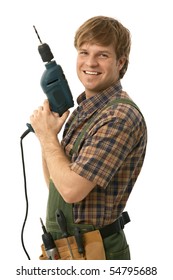 Happy Handyman Posing With Power Drill, Smiling. Isolated On White.