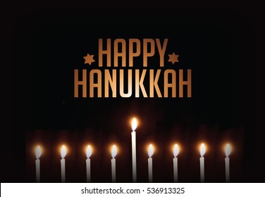 Happy Hanukkah Golden Text Lit By Menorah Candles.