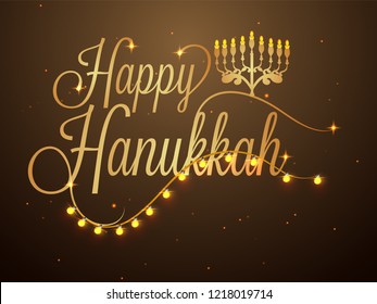 Happy Hanukkah lettering decorated with lighting garland on glossy brown background for Jewish Holiday celebration. - Shutterstock ID 1218019714