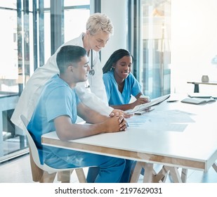 Happy healthcare doctors and nurses in a meeting together in conversation about healthy patients and successful treatments. Young doctor with nursing students in discussion about medical diagnosis - Powered by Shutterstock