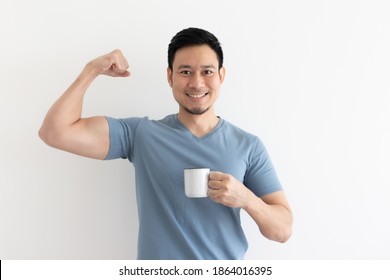 Happy Healthy Asian Man Drinks Healthy Coffee On Isolated Background.