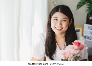 Happy Healthy Portrait Asian Teen Girl Smiling At Home With Copy Space.