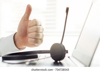 Happy Help Desk, Support Hotline Or Call Center Person Showing Thumbs Up. Tele Marketing Professional Getting Sales. Good Feedback Or Working Conditions. Great Customer Service.