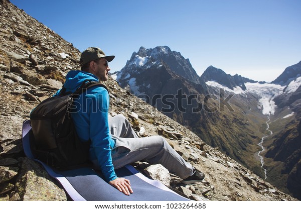 Happy Hiker Backpacks Siting On Yoga Stock Photo Edit Now 1023264688