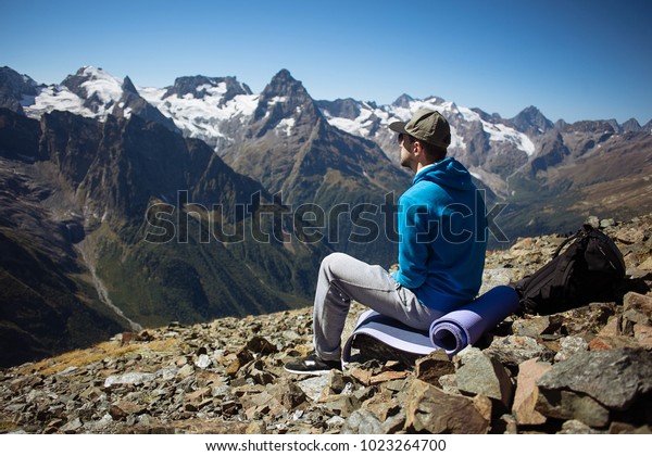 Happy Hiker Backpacks Siting On Yoga Stock Photo Edit Now 1023264700