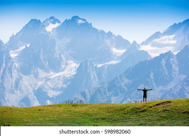 Happy Hiker Enjoying The View. Caucasus Mountains