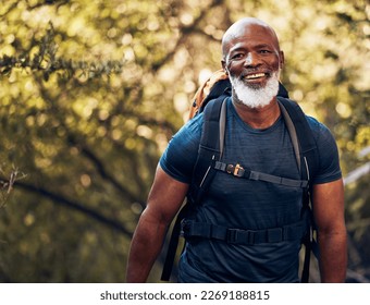 Happy, hiking and portrait of black man in forest for freedom, health and sports training. Exercise, peace and wellness with senior hiker trekking in nature for travel, summer break and adventure - Powered by Shutterstock