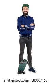 Happy Hipster In Tracksuit Jacket And Cap Smiling Looking At Camera. Full Body Length Portrait Isolated Over White Studio Background. 