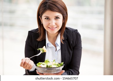 Happy Hispanic Asian Business Woman Eating Stock Photo 154665707 ...