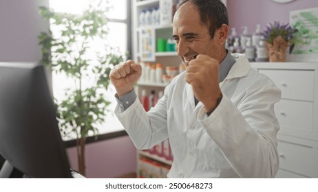 A happy hispanic middle-aged male pharmacist celebrates at his computer in a well-stocked pharmacy interior. - Powered by Shutterstock