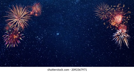 Happy holiday fireworks in night sky for your card design - Shutterstock ID 2092367971