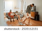 Happy, home and child on leg of father for playing, fun and goofy joke together in living room. Family, relax and girl kid clinging dad for bonding, connection and comedy in lounge at house.