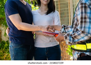 Happy Homeowner Stand In Front Of Contractor And Shake Hand, Handyman Holding Clipboard And After Checking Details Before Renovations Home, House Improvement Interior, Interior Design