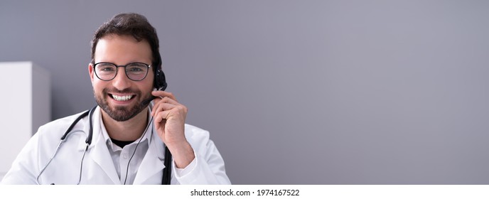 Happy Hospital Receptionist With Headset. Doctor Call Conference Portrait