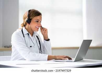 Happy Hospital Receptionist With Headset. Doctor Call Conference Portrait